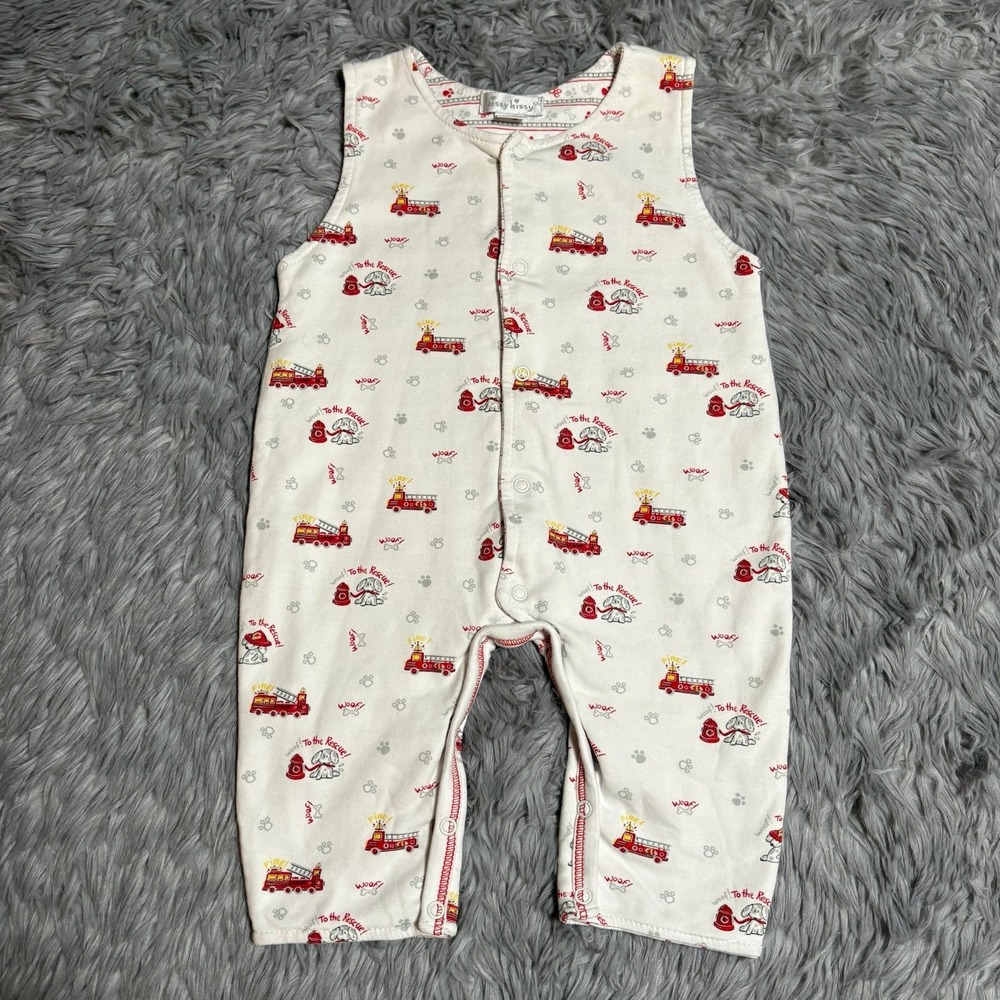 Kissy Kissy Tank Romper Fire Truck Rescue White Baby 6-9 Months Organic Cotton